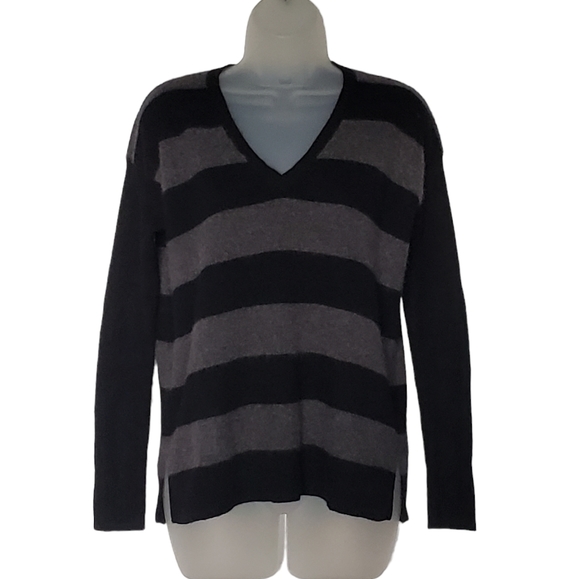 Lauren Ralph Lauren Sweaters - Lauren Ralph Lauren 100% Cashmere Striped V-Neck Sweater Size S Black Gray